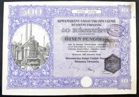 Budapest 1925. &quot;Rimamurány-Salgó-Tarjáni Vasmű Részvény-Társaság&quot; 10 részvénye egyenként 50P-ről szelvényekkel, szárazpecséttel és felülbélyegzésekkel T:II tűnyom