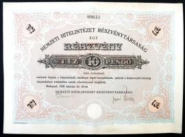 Budapest 1926. &quot;Nemzeti Hitelintézet Részvénytársaság&quot; részvénye 10P-ről, szárazpecséttel T:III