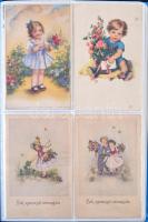 96 db régi képeslap berakóban; főleg üdvözlőlapok, színészek vegyes minőségben / collection of 96 pre-1945 postcards (seasonal greetings, actors, art poszcards) in album, mixed quality