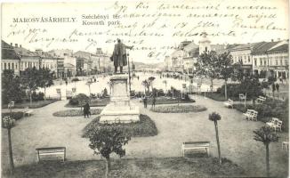 Marosvásárhely, Targu Mures; Széchenyi tér, Kossuth park, Holbach Ede üzlete / square, park, shops (fl)