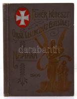 1905 Fehér Kereszt Országos Lelencház Egyesület naptára. Kiadói szecessziós díszítésű, dombornyomott egészvászon kötés, aranyozott lapélekkel. A borítója kopottas.