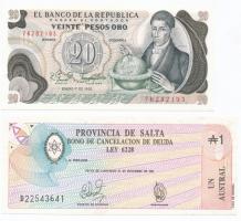 Vegyes Kuba 1972. 1P + Kolumbia 1982. 20P + Brazília 1975. 1C + 1990. 50C felülbélyegzéssel + Argent...