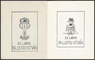 Schorr Tibor (?-?): 2 db erotikus ex libris, Dr. Lustig István. Klisé, papír, jelzett a klisén, 7,5×6, 5,5×4 cm