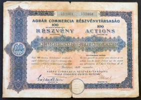 Budapest 1923. &quot;Agrár Commercia Részvénytársaság&quot; 100 részvénye egyenként 400K-ról szelvényekkel T:III- nagyobb szakadások, foltok