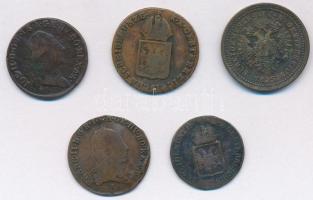 Ausztria 1781A 1/2kr Cu + 1800A 1/2kr Cu + 1816A 1/4kr Cu + 1/2kr Cu + 1851A 1kr Cu T:2,2-,3
Austri...