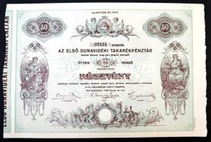 Kiskőrös 1930. &quot;Az Első Dunavidéki Takarékpénztár&quot; részvénye 50P-ről szárazpecséttel, szelvényekkel T:I-