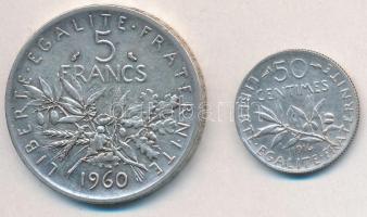 Franciaország 1916. 50c Ag + 1960. 5Fr Ag T:2 France 1916. 50 Centimes Ag + 1960. 5 Francs Ag C:XF Krause KM#854, KM#926