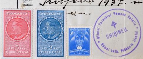 1937 Kisjenő (Chişineu) román-magyar-latin nyelvű keresztlevél, okmánybélyegekkel