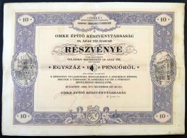 Budapest 1926. &quot;OMKE Építő Részvénytársaság&quot; 10db részvénye egyben összesen 100P-ről, szelvényekkel, lyukasztással érvénytelenítve T:III