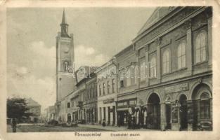 Rimaszombat, Rimavska Sobota; Erzsébet tér, Perecz Béla borbély és fodrász üzlete, Csizy K. üzlete / square, shops (EK)