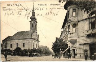 Budapest I. Krisztina tér, templom, villamossín (ázott sarok / wet corner)