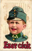 Ezer Csók / Child in WWI K.u.K. military uniform, decorated cut-out montage, K.G. W. XV. litho (EB)