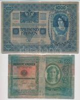 1902. 1000K + 1912. 100K (2x) egyik piros "Deutschösterreich" felülbélyegzéssel a másik ha...