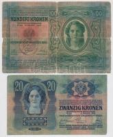 1902. 1000K + 1912. 100K (2x) egyik piros "Deutschösterreich" felülbélyegzéssel a másik ha...