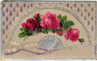 Roses with fan, silver decoration Emb. litho (fa)