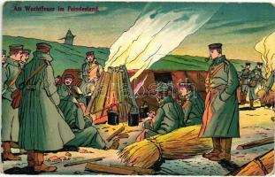 Am Wachtfeuer im Feindesland / WWI K.u.K. military camp, Cs. és kir. hadsereg, ellenséges területen táborozó katonák az I. világháborúban