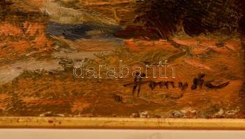 Hornyik Zoltán (1960-): Határban a nyárfánál. Olaj, farost, jelzett, keretben, 18×11 cm