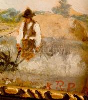 K.R.P.I. jelzéssel: Szántó paraszt. Olaj, karton, üvegezett keretben, 18×16 cm