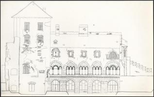 cca 1963 Tatai vár udvari homlokzati fényképe és ugyanez sztereometrográffal készült rajzon, 18x29 c...