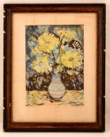 Bordás Ferenc (1911-1982): Virágok ősszel. Színes linó, papír, jelzett, üvegezett keretben, 35×24 cm