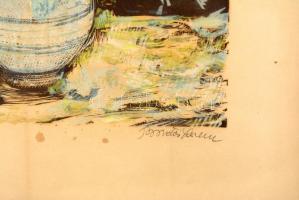 Bordás Ferenc (1911-1982): Virágok ősszel. Színes linó, papír, jelzett, üvegezett keretben, 35×24 cm