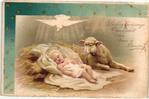 Christmas, Jesus, lamb, dove, stars, litho (small tear)