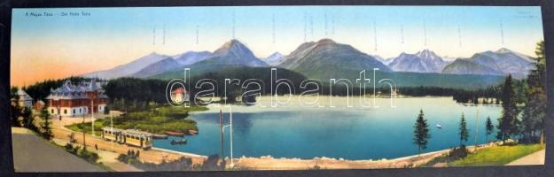 Tátra, Magas Tátra, Vysoké Tatry; Csorba tó, hegyek, villamos, 45x14 cm hajtatlan panorámalap / lake, mountains, tram, 45x14 cm unfolded panoramacard