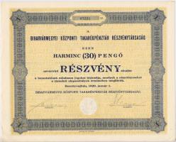 Berettyóujfalu 1929. &quot;Biharvármegyei Központi Takarékpénztár Részvénytársaság&quot; részvénye 30P-ről, szárazpecséttel, szelvényekkel T:2,2-