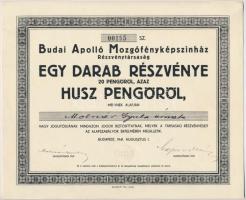 Budapest 1941. &quot;Budai Apolló Mozgófényképszínház Részvénytársaság&quot; részvénye 20P-ről, szárazpecséttel T:I-