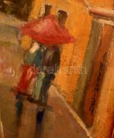 Boromisza jelzéssel: Esős városkép. Tempera, karton, keretben, 20×26 cm