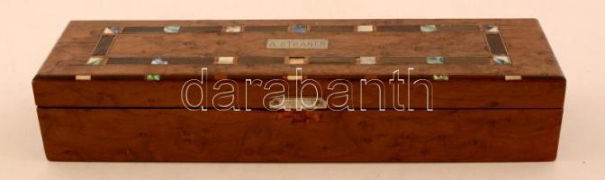 A.Stáner régi fa tolltartó, gyöngyház berakással, hiányzó zárral, hiányos berakással, 23x6x4 cm