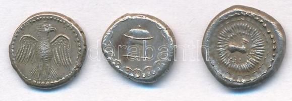 3db klf ókori ezüstpénz replikái, sisakos katona, herceg, oroszlános ábrázolásokkal (1g, 1,5g, 1,1g)...