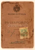 1901 Budapesti olasz nagykövetségnek kiállított útlevél, a konzulátus pecsétjével, foltos, megviselt állapotban.