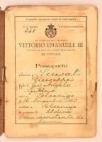 1901 Budapesti olasz nagykövetségnek kiállított útlevél, a konzulátus pecsétjével, foltos, megviselt...