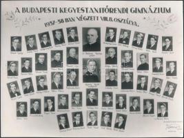 1938 A budapesti kegyes tanítórendi gimnázium 1937-1938-ban végzett VIII. b. osztálya, tablókép, Kossak utóda komáromi műterméből, 16,5×22,5 cm