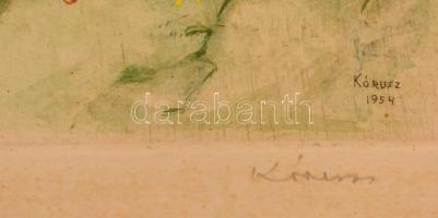 Kórusz József (1927-2010): Faluvége. Színezett, rézkarc, papír, jelzett, paszpartuban, 23x32 cm