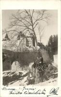 1928 Törcsvár, Törzburg, Bran; Szánkó kirándulás a vár előtt télen, csoportkép / castle, winter, group photo (fa)