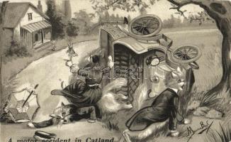 A motor accident in Catland, H.M. & Cos In Catland postcard series No. 104. s: Maurice Boulanger (cut)