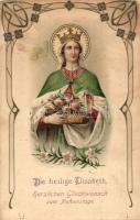 Die heilige Elisabeth, Herzlichen Glückwunsch zum Namenstage / Name day, Art Nouveau Emb. litho (EK)