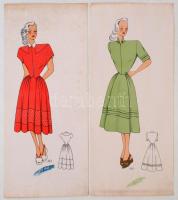 1948 Női divat, jelzés nélküli színes nyomtatott divatrajzok papírtokban, két féle 13 + 23 db / Atel...