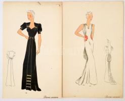 cca 1948 Női divat (estélyi ruhák) jelzés nélküli színes nyomtatott divatrajzok papírtokban, 29 db /...