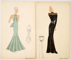 cca 1948 Női divat (estélyi ruhák) jelzés nélküli színes nyomtatott divatrajzok papírtokban, 29 db /...