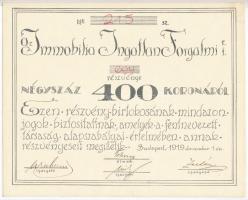 Budapest 1919. "Az Immobilia Ingatlan Forgalmi Részvénytársaság" részvénye 400K-ról szelvé...