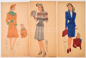 cca 1948 Vegyes női divat, jelzés nélküli színes nyomtatott és kézzel festett divatrajzok, 35 db / mixed vintage fashion illustrations