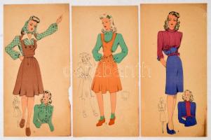cca 1948 Vegyes női divat, jelzés nélküli színes nyomtatott és kézzel festett divatrajzok, 35 db / m...