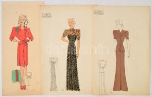 cca 1948 Vegyes női divat, jelzés nélküli színes nyomtatott és kézzel festett divatrajzok, 35 db / m...