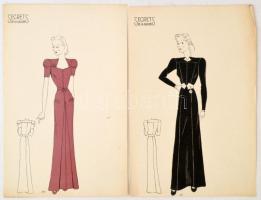 cca 1948 Vegyes női divat, jelzés nélküli színes nyomtatott és kézzel festett divatrajzok, 35 db / m...