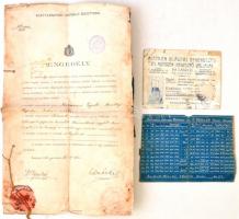 1897-1921 Vegyes gépész okmány hagyaték (jegyzőkönyvi kivonatok, bizonyítványok, iparigazolvány, szabadalmi végzés), 15 db