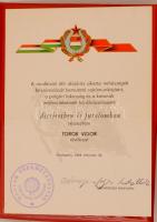 1984 Bp., A Magyar Népköztársaság által adott kitüntető oklevél Czinege Lajos nyomtatott aláírásával