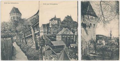 Segesvár, Schassburg, Sighisoara; Vár, három részes, szakadt kihajtható képeslap / castle, 3-tiled deficient folding card (non Pc)